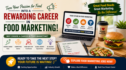 CTA banner showing a rewarding career in food marketing with laptop displaying food marketing career journey, career path icons, and explore jobs call to action button