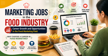 Infographic showing marketing jobs in the food industry with analytics dashboard, marketing plan checklist, and food items on a desk
