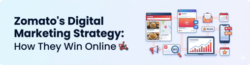 Zomato and Swiggy digital marketing strategy illustration showing social media ads and SEO.