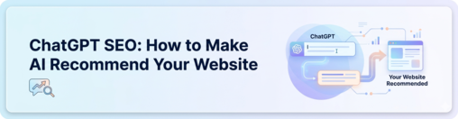 ChatGPT SEO illustration showing AI search interface recommending your website with arrows and chat prompts.