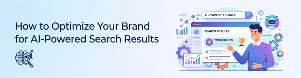 Marketer pointing to brand in AI-powered search results dashboard — how to optimize brand for AI search engines.