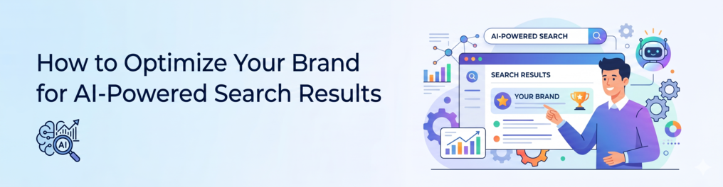 AI search engine optimization illustration with brand ranking first in search results and analytics dashboard.