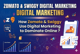 Zomato and Swiggy digital marketing strategy illustration showing social media ads and SEO.