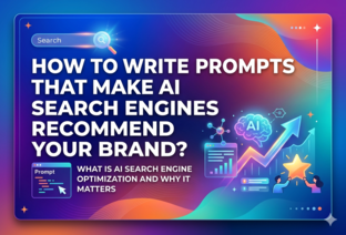 Infographic showing how to write AI prompts for search engine optimization with AI brain graphic, growth arrow, search bar, and brand recommendation visual